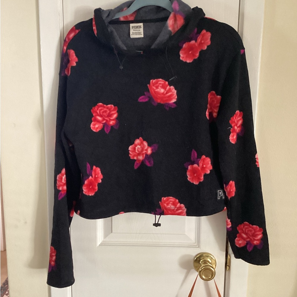 PINK Victoria's Secret Black Hoodie with Pink Floral Design
